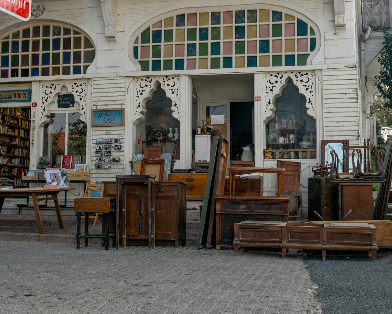 Vintage, Wooden Furniture near Building in Town